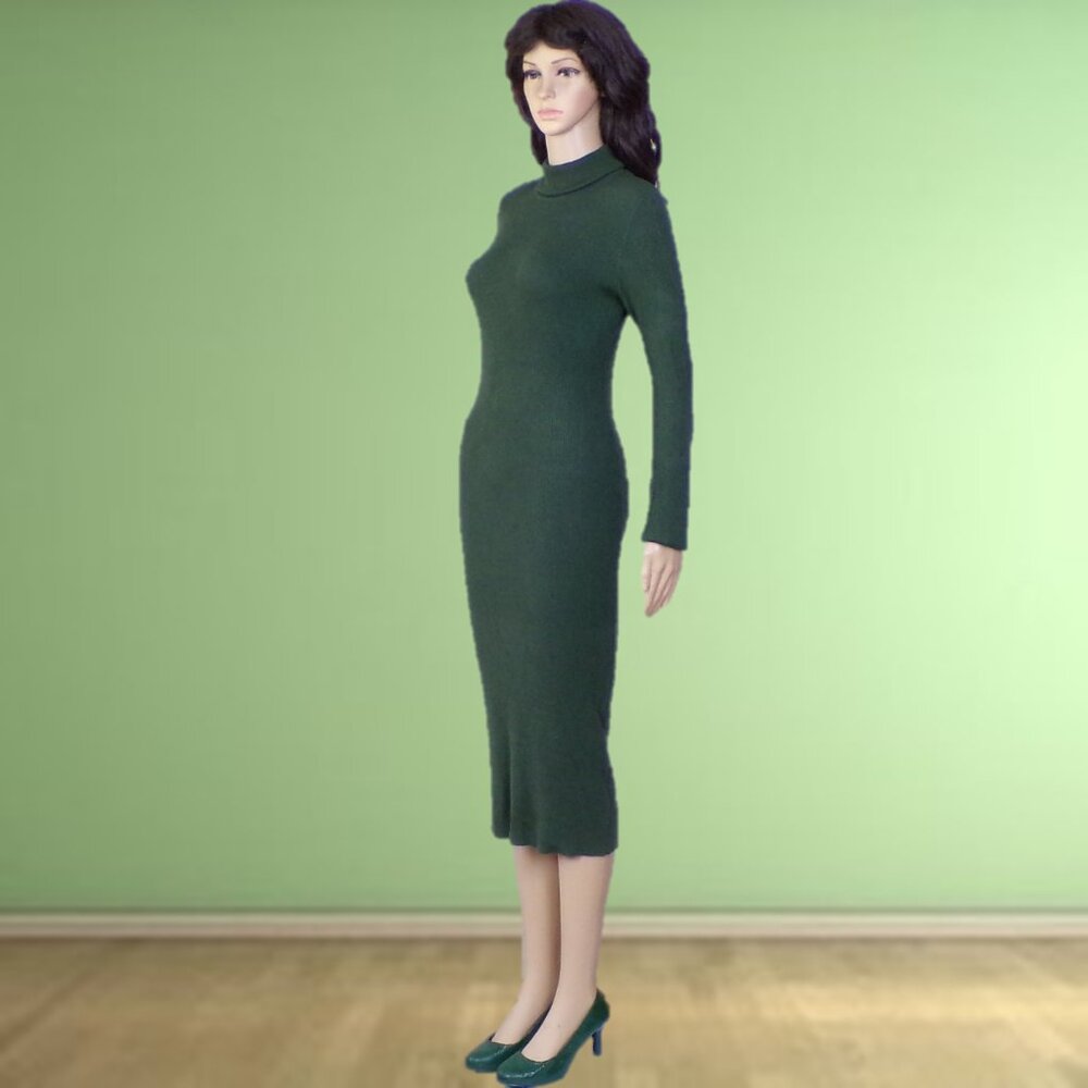 ROCOROSE size M forest-green knit bodycon long-sleeve turtleneck midi dress - Picture 8 of 13